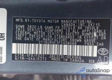 2015 Toyota Corolla S Plus z USA, uszkodzony, nr VIN 2T1BURHE2FC408466